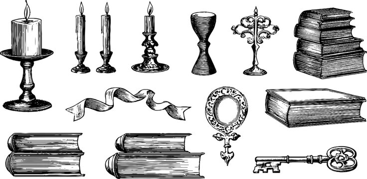 Vintage engraved clipart sheet of candles stacked books ribbons keys and goblets for background design and bookish craft projects with antique decorative elements