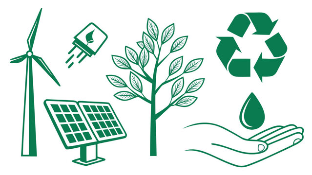 Green eco sustainability icons set with wind turbine solar panel tree recycling symbol water drop and hand line art illustration