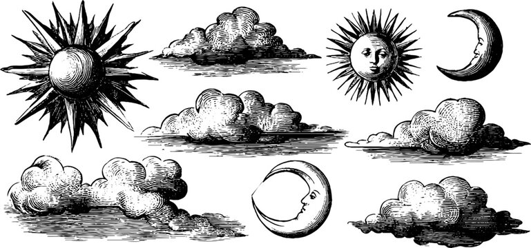 Antique engraved celestial elements featuring suns moons clouds and stars for decorative borders, seamless pattern and background design