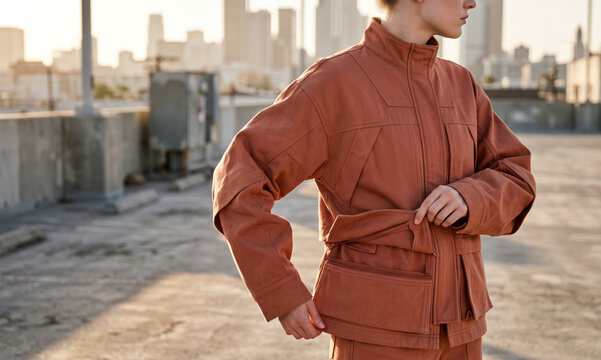 Modern Modular Shirt Jacket Mockup Blank Apparel Terracotta Geometric Design 8K Stock Image