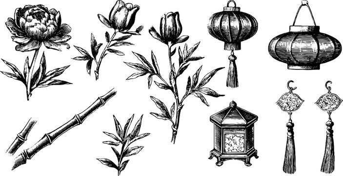 Vintage engraved chinese peony and bamboo botanical elements with lanterns and tassels for design background and decorative ornament set