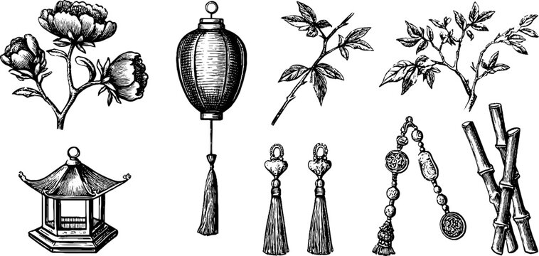 Vintage engraved chinese peony lantern and decorative tassel clipart sheet with pagoda bamboo and coin elements for design