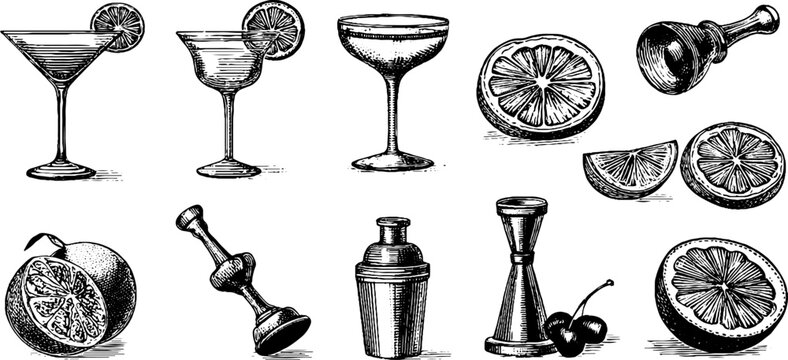 Vintage engraved cocktail glass citrus and bar tool drawing sheet in black ink for menu background label and barware design elements