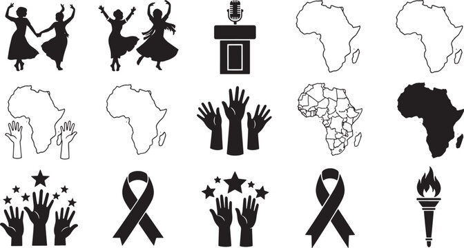 Collection of African-themed vector icons representing culture, unity, freedom, and social awareness, including maps, dancing figures, and protest symbols.