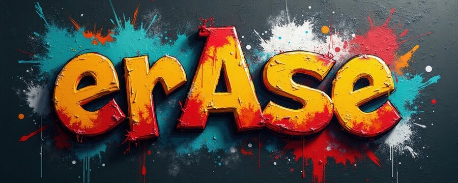 Bold graffiti letters spell erase with vibrant paint splashes on dark textured wall. Urban art style, pop art aesthetic, dynamic street art design.