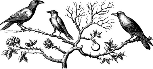 Obraz premium Vintage engraved sheet of forest ravens on a bare branch with roses and leaves for decorative background and design elements