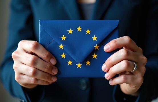 Person holds blue envelope with gold stars symbolizing European Union flag. Business communication for EU countries, identity, and official correspondence.