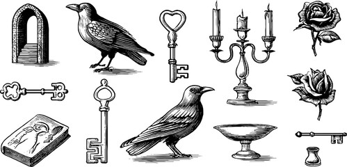 Obraz premium Vintage engraved clipart sheet of gothic arches ravens keys candelabra and roses for dark antique background and moody decorative design elements