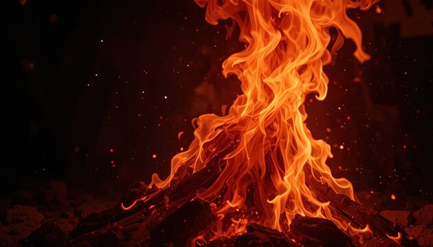Intense orange flames dancing in dark background with glowing embers and smoke