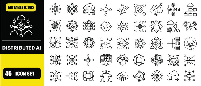Distributed AI Network System Icon Set &ndash; Enterprise Infrastructure, Cloud Computing Architecture, Intelligent Node Networks, Scalable AI Systems, Data Flow and Connectivity Line Icons &ndash; Thin Line Edit