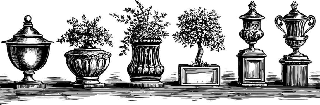 Vintage engraved clipart sheet of garden statues urns and planters for classical decorative background and ornamental design elements for posters and banners