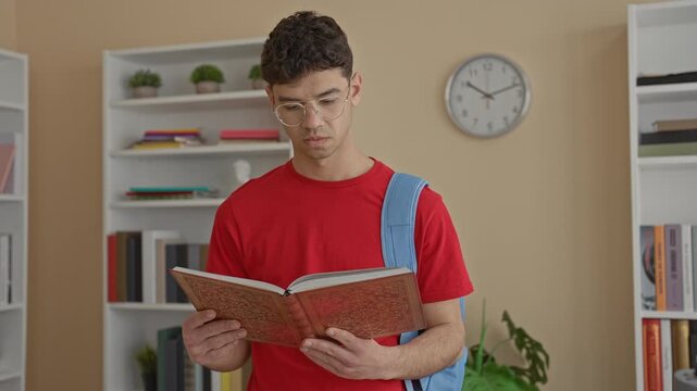 Young man reading a hardcover book with backpack strap visible in building near bookshelves and a wall clock; quiet concentration.