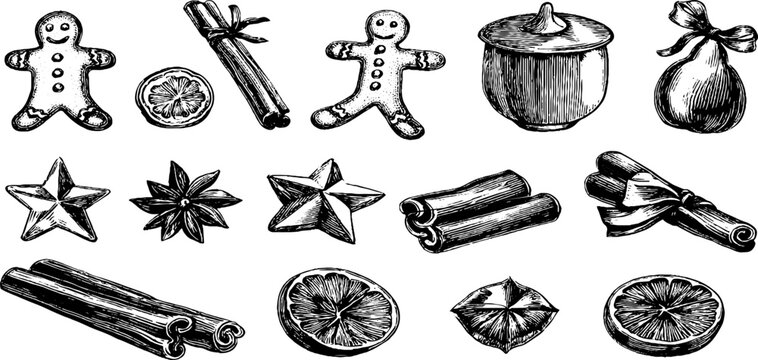 Vintage engraved clipart sheet of gingerbread cookies cinnamon sticks and citrus slices for holiday baking pattern and christmas design background and gift tags
