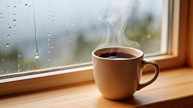 Steaming coffee cup by rainy window