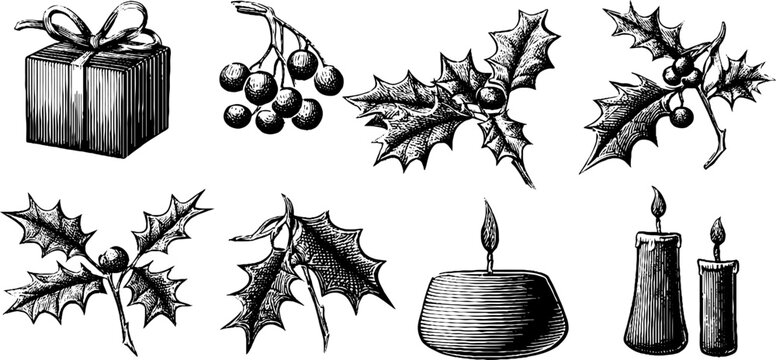 Vintage engraved mistletoe holly clusters and candle clipart sheet for holiday card packaging and seasonal design elements background