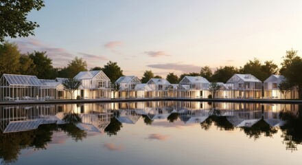 Fototapeta premium Modern white glass houses reflected in calm lake at sunset
