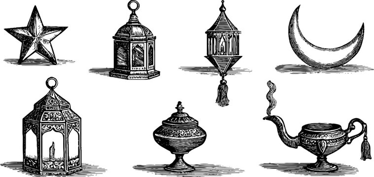 Vintage engraved moroccan lantern and crescent clipart sheet with hanging lanterns lamps stars and ornamental vessels for design background and decorative elements