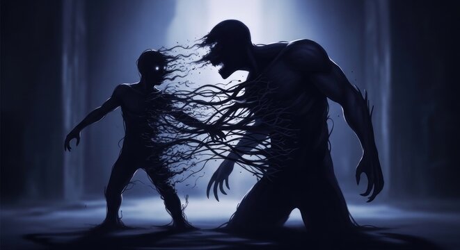 Monstrous shadow entity connected to human silhouette by dark tendrils