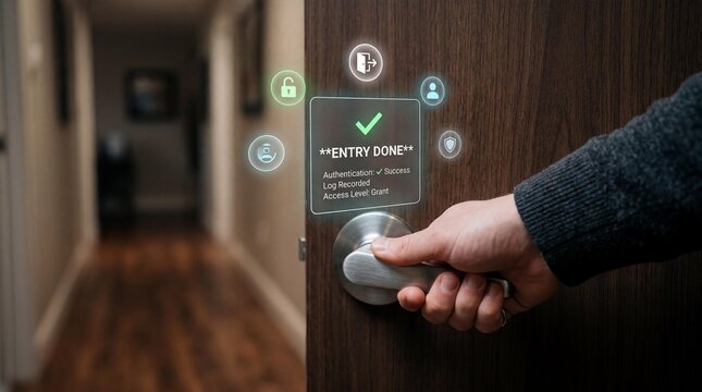 Smart home security system with biometric authentication and access control on wooden door handle