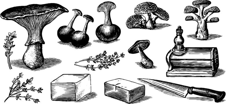 Vintage engraved mushroom and truffle specimen sheet with herbs kitchen tools and knife for culinary label and background design
