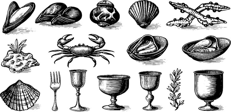 Vintage engraved mussel shells and crab claw with goblets shells and utensils sheet for packaging menu and background design