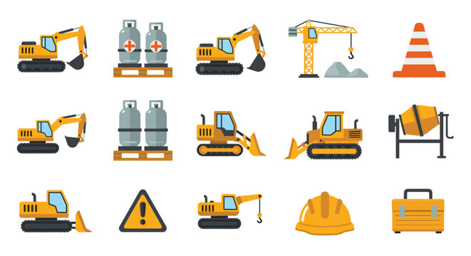 A collection of construction equipment including excavators, cranes, traffic cones, concrete mixers, and tools on a white background.
