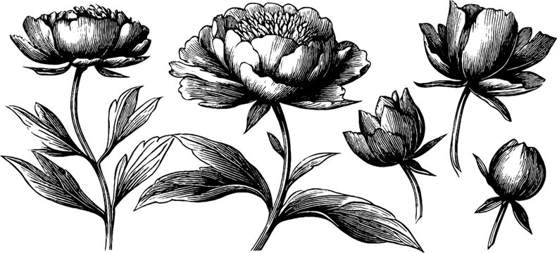 Vintage engraved peony botanical clipart sheet with open peonies and side buds for floral design background poster and surface pattern
