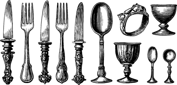 Ornate engraved silverware and cutlery sheet with goblets knives forks and spoons for vintage decorative design elements and antique tableware backgrounds