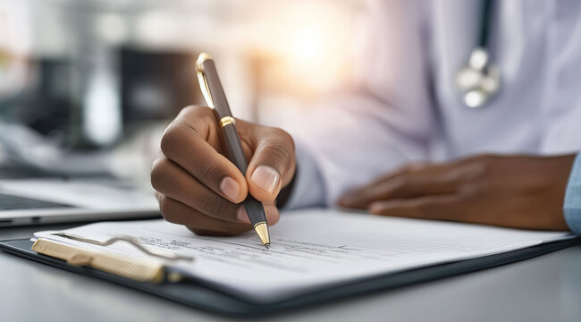 A black doctor's hand writes with a pen on a medical form on a clipboard, documenting patient care.
