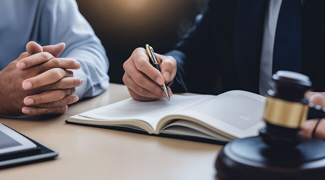 Advisor records notes beside client while judicial symbol reinforces formal counsel setting.