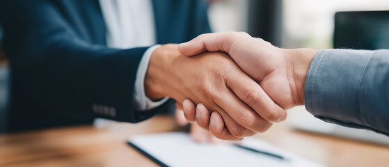 Obraz premium An impactful close-up view of two professionals locking hands over paperwork in a corporate environment, symbolizing trust, agreement, and closing a successful business deal.