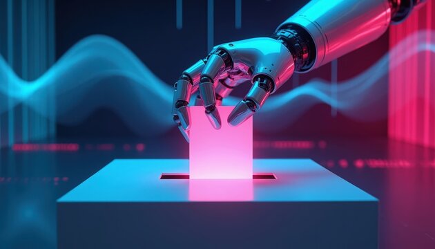 Robotic hand places ballot in box. Futuristic election process with AI and technology. Digital voting system. Automation in democracy. Future of governance.