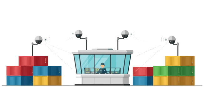 A security control center for a shipping yard featuring cameras monitoring stacks of colorful shipping containers on a white background.