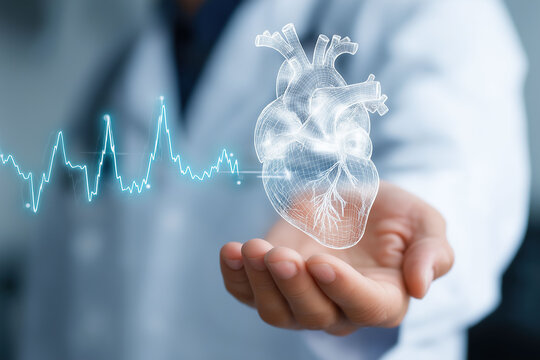 Physician presents holographic heart beside waveform visualization suggesting advanced cardiac monitoring and care.