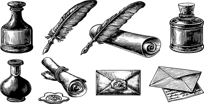 Vintage engraved quill pen and ink bottle clipart sheet with scrolls envelopes and wax seals for stationery background and design