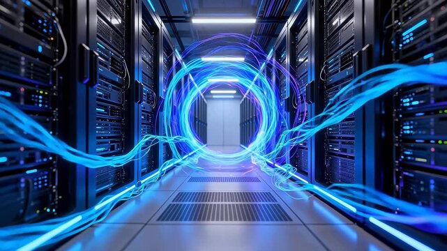 Server room with glowing data streams