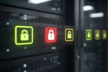 Fototapeta premium Advanced protection for the server uses a firewall and encryption. Security and authentication are part of the defense.