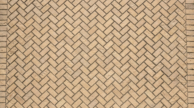 Beige sandstone herringbone brick paving pattern viewed from above, uniform zigzag layout ideal for pathway, courtyard, and landscape design projects.
