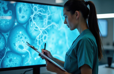 Naklejka premium Young female scientist reviews cell images on a large monitor. She holds a clipboard and pen, examining magnified biological structures in a lab setting, focused on research.