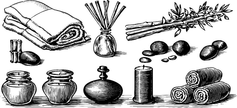 Vintage engraved spa clipart sheet with rolled towels diffuser sticks eucalyptus jars stones and candles for wellness background and branding design