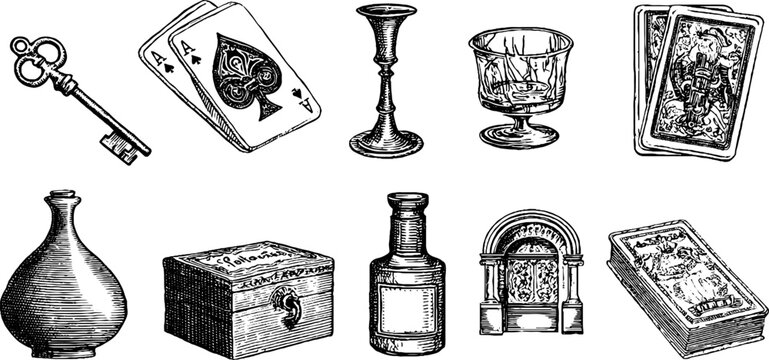 Vintage engraved speakeasy keys whiskey and glassware clipart sheet for bar background and label poster design
