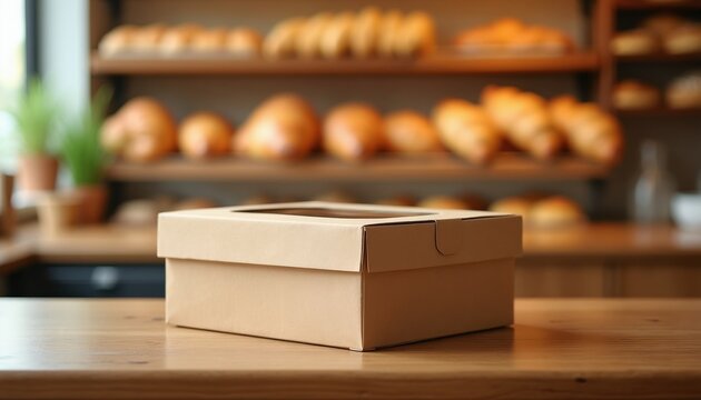 Blank bakery box sits on a wooden counter in a shop. Shelves behind hold fresh baked bread and pastries. The box is ready for custom design and food packaging.