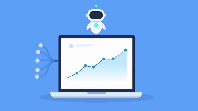 Clean animated video of an AI robot hovering above a laptop with a rising data chart and stacked coins, representing profit growth, earnings increase, financial analytics, and business performance.