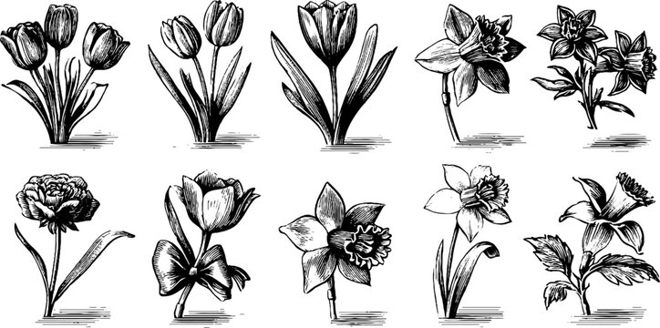 Vintage engraved spring bouquets and tulips clipart sheet with daffodils and floral elements for background and decorative design