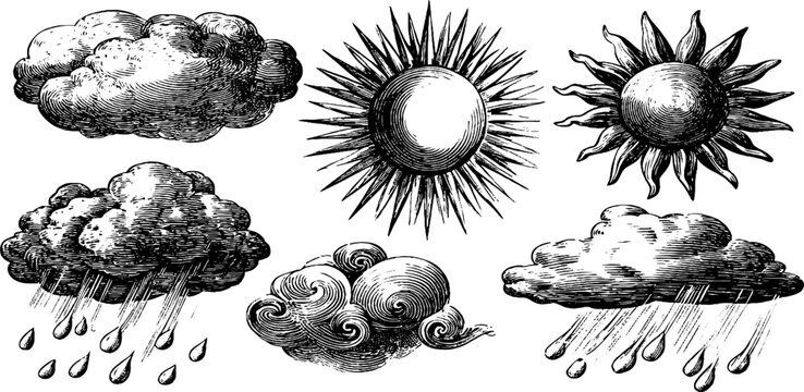 Vintage engraved sun and storm cloud illustrations sheet with rain droplets and swirl accents for weather poster and background design