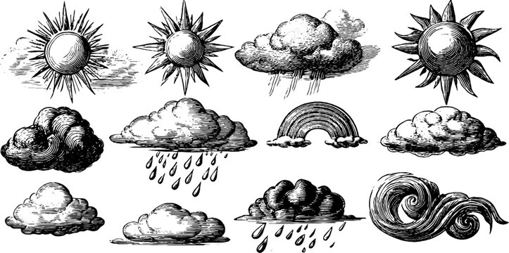 Vintage engraved sunbursts cloud cluster and rainbow illustration sheet with rain and swirl elements for poster and background design