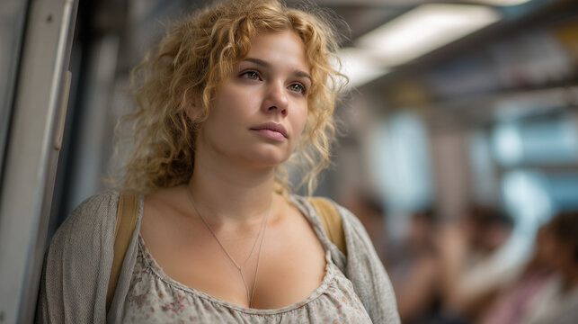 Overweight commuter standing in crowded subway car, other passengers subtly shifting away, urban setting, implicit bias moment, public weight stigma, daily life discrimination, transit scene, body i