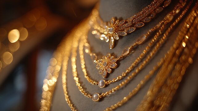 Intricate golden necklaces with shimmering stones glisten softly in ambient light, highlighting the fine craftsmanship and luxury of each piece.