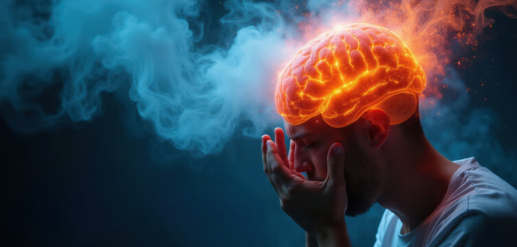Man clutches head in distress as glowing brain shows signs of trauma. Smoke surrounds him suggesting confusion or cognitive issues. He appears unwell or disoriented.
