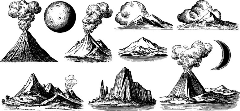 Vintage engraved clipart sheet of volcanoes with plumes and moons for design elements and background decoration in black and white etching style